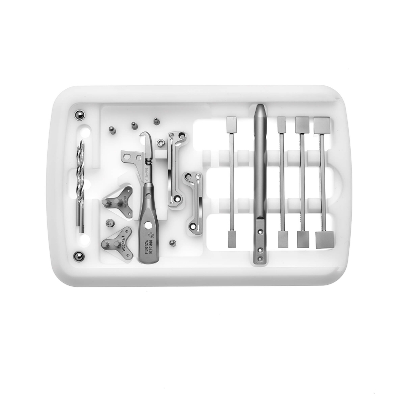 Complete standard-medium breed MMP instrument kit containing veterinary orthopaedic instruments required for the treatment of canine cruciate disease